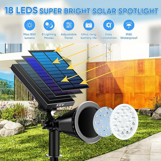 KEV Solar Spot Lights Outdoor,18 LEDs Solar Flood Lights with 8 Modes &Colored Adjustable &IPX65 Waterproof,Christmas Solar Spotlight for Driveway/Backyard/Landscape/Tree/Garage(Multicolor,4 Pack)