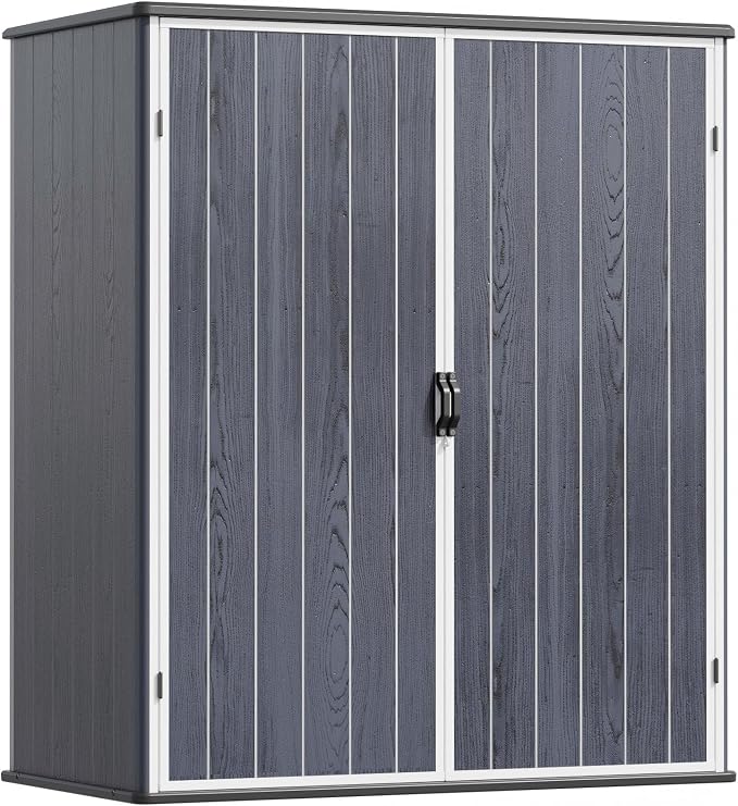 Devoko 5x3 FT Resin Storage Shed with Floor, Small Plastic Vertical Outdoor Cabinet with Lockable Door, Waterproof Tool Garden Shed for Backyard Patio Lawn, Dark Gray