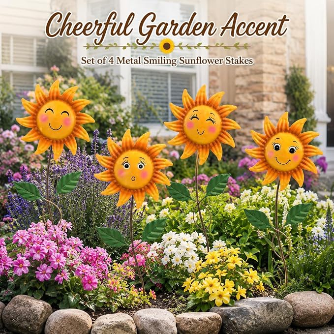 4 Pack Smiley Sunflower Decorative Garden Stakes, 20.5 Inch Metal Flower Garden Stakes for Outside, Yard Art Outdoor Decor for Lawn Planter Porch Patio