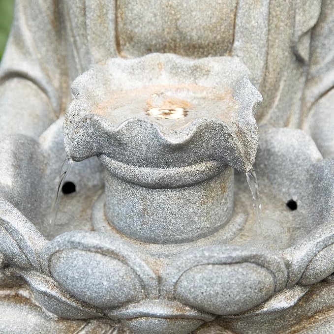 Glitzhome 28.25" Zen Buddha Fountain, Large Outdoor Water Fountain with LED Light, Polyresin Stone Powder Concrete Finish Meditating Buddha Statue for Garden Patio Yard Deck, 4 Warm LED Lights
