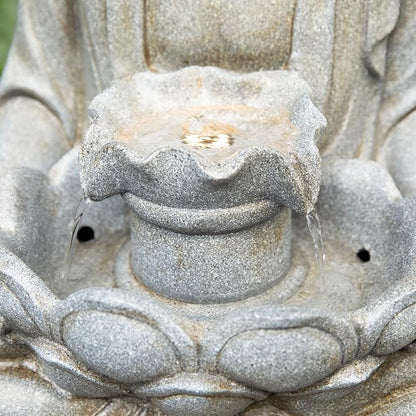 Glitzhome 28.25" Zen Buddha Fountain, Large Outdoor Water Fountain with LED Light, Polyresin Stone Powder Concrete Finish Meditating Buddha Statue for Garden Patio Yard Deck, 4 Warm LED Lights