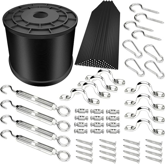 YQL Outdoor Lights Hanging Kit,Globe String Lights Suspension Kit,164ft Black Vinyl-Coated 304 Stainless Steel Cable,String Light Guide Wire,Hook & Eye Turnbuckle Wire Rope Tension | Heavy Duty 164ft Black Vinyl Coated Suspension Kit with Turnbuckle Te...