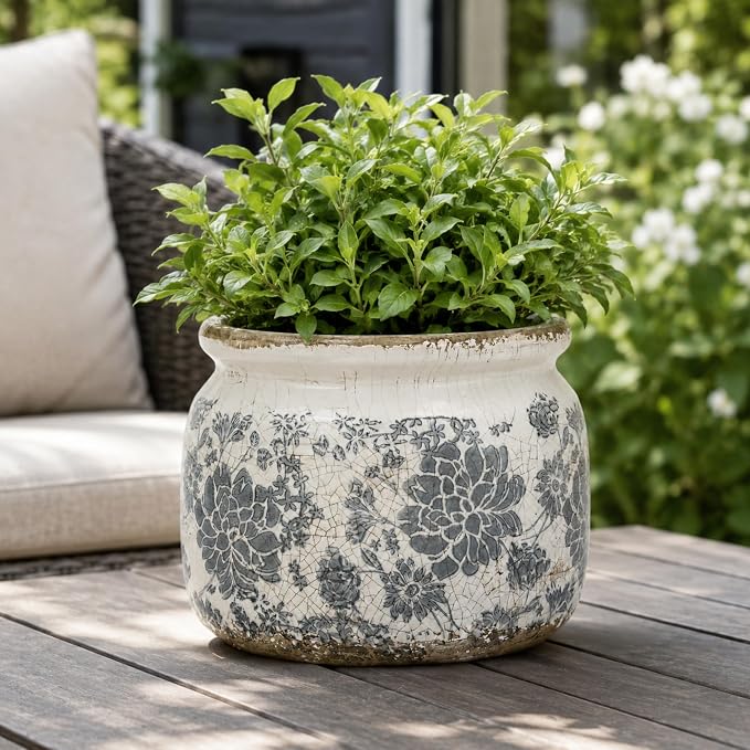Dosayes Large Ceramic Pot for Planters, Ice Crack Glazed Flower Pot with Drainage Holes,5.91inch Vintage Planters for Indoor and Outdoor (Gray)