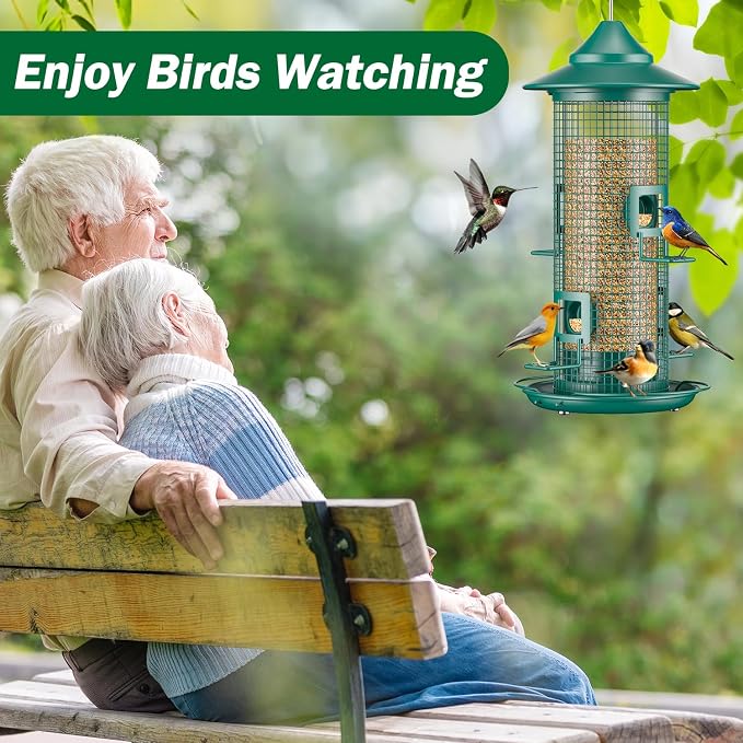 Metal Bird Feeder for Outdoors Hanging, Chew Resistant Design | 2lb large capacity, 4-port mesh tube, easy-refill 4.5" wide opening, all-weather rust-resistant feeder for cardinals, finches