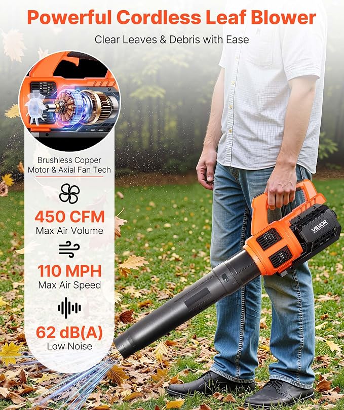 VEVOR 20V Cordless Leaf Blower with Brushless Motor, 450 CFM/110 MPH, Battery Powered Electric Leaf Blowers for Lawn Care with 2.0Ah Battery and Fast Charger