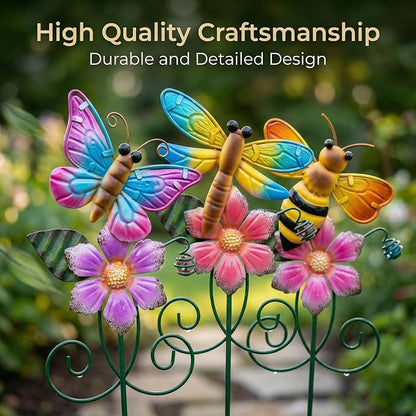 Topadorn Metal Garden Stakes Set of 3, Colorful Bee Butterfly & Dragonfly Garden Decor, Weatherproof Outdoor Yard Stakes for Lawn Patio Planters