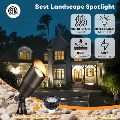 Gardenreet Brass Landscape Spotlights 12V, Low Voltage Spot Light Outdoor LED, Wired IP65 Waterproof Uplight, ETL Bronze for Garden Yard Tree House with 5W 2700K Warm White MR16 Bulb