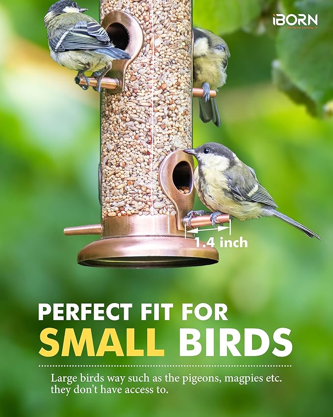 iBorn Metal Bird Feeders Brushed Copper Wild Bird Feeder for Outdoors Hanging All Metal Brushed Copper Finishing 15 Inch 6 Port,Pack of 2