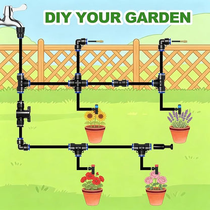 30 Pack 1/4" Drip Irrigation Tee Connectors with 10 End Caps, Quick Connect | Drip Irrigation Tee Connectors, End Caps, Easy Tubing Split and Sealing, Garden Irrigation, Drip Irrigation Parts, Leak-free