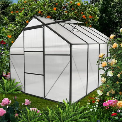 6x10 FT Polycarbonate Greenhouse with Sliding Door and Adjustable Roof, Heavy Duty Aluminum Walk-in Greenhouses w/ Raised Base for Outdoor Garden Backyard,Black