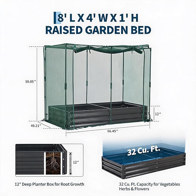 8x4x1Ft Galvanized Raised Garden Bed Kit w/Self Watering Irrigation & Mesh Cover, Metal Bottomless Raised Planter Box for Veggies Herbs Flowers, Rustproof Elevated Garden Bed Backyard Patio Farm