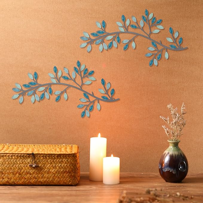 Hotop 2 Pieces Metal Tree Leaf Wall Decor Vine Olive Branch Leaf Wall Art Wrought Iron Scroll Sculptures Above the Bed, Living Room, Outdoor Decoration(Classic Style,Teal)