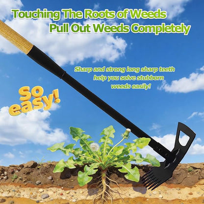 60" Wooden Handle 2 in 1 Uprooting Tool,7-Tine Garden Hoe for Weeding,Weed Remover for Yard,Sidewalks,Driveways,and Areas Around Residential Entrance Fences(7-Tooth Wooden Handle)
