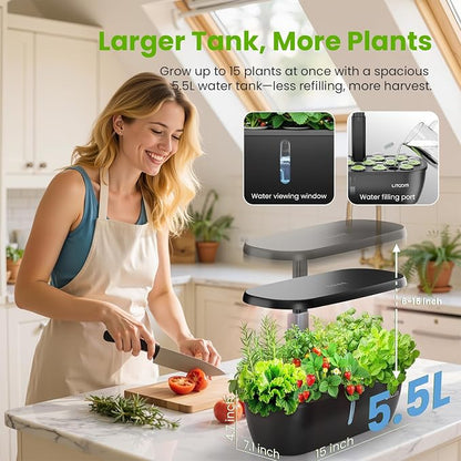 litokam Hydroponics Growing System Kit, 15 Pods Indoor Herb Garden with Smart APP & Quiet Pump, 24W LED Light, Auto Timer, Indoor Garden for Herbs, Vegetables & Flowers, Ideal Gift for Plant Lovers