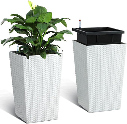 Garvee 16 Inch Outdoor Planters, Set of 2 Tall Planters, White Large Planters for Indoor Outdoor Plants, Flower Pots with Drainage & Water Level Window for Porch, Patio & Balcony