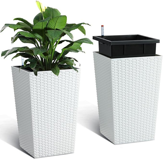 Garvee 16 Inch Outdoor Planters, Set of 2 Tall Planters, White Large Planters for Indoor Outdoor Plants, Flower Pots with Drainage & Water Level Window for Porch, Patio & Balcony