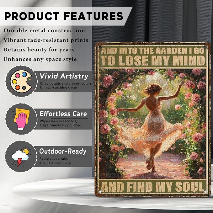 Garden Vintage Tin Sign And Into The Garden I Go To Lose My Mind And Find My Soul Gardening Metal Sign for Home Backyard Patio 12 * 16inch