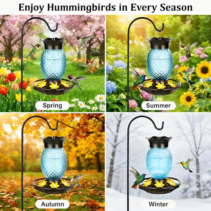 Fchstaer Glass Hummingbird Feeders for Outdoors Hanging 16oz 2 Pack Blue Pineapple Bee & Ant Proof 360°Perch Leakproof Easy Clean with 6 Feeding Ports Gifts for Mom