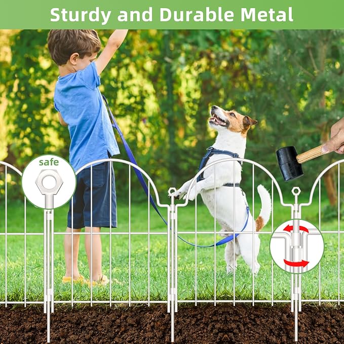 10 Pack Decorative Garden Fence, 17in x10ft Garden Fencing Animal Barrier for Dogs, Rustproof Metal Fence Panels with Ground Stake, Arched Flower Bed Edging Borders for Yard & Patio, White