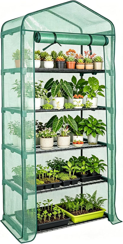 Worth Garden 5 Tier Mini Greenhouse - 75'' H x 27'' L x 19'' W - Sturdy Portable Gardening Shelves with Durable PE Cover w/ Roll-Up Zipper Door- Small Green House Indoor & Outdoor for Plants Flowers