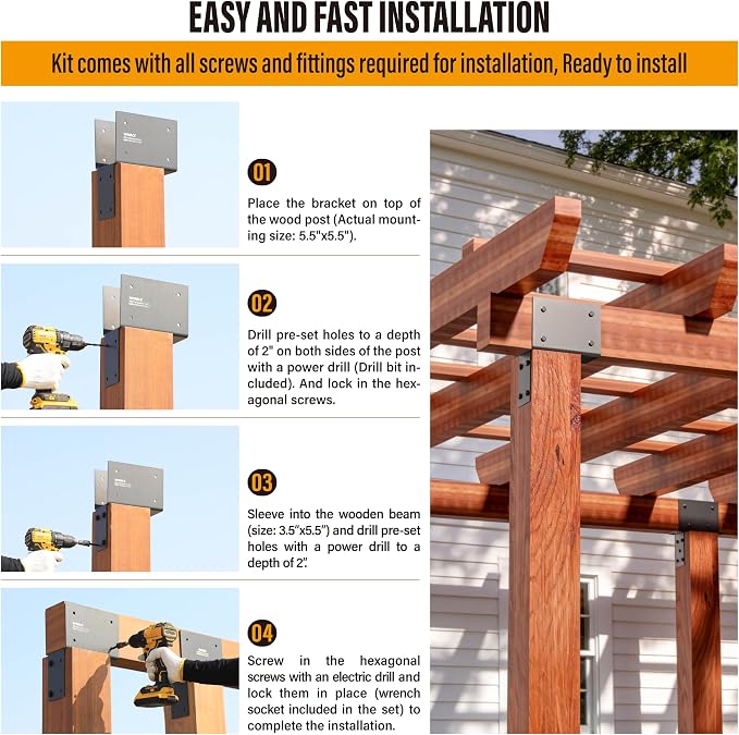 4Pack 4x6 (Actual 3.5"x5.5") Heavy Duty Stainless Steel Pergola Brackets - End Post to Beam Connector for Gazebos, Patio Decks, Porches - Wood Post Cap Tie Bracket (Dark Gray)