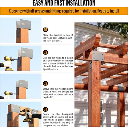 2 Pack 4x6 (Actual 3.5"x5.5") Heavy Duty Stainless Steel Pergola Brackets - End Post to Beam Connector for Gazebos, Patio Decks, Porches - Wood Post Cap Tie Bracket (Dark Gray)
