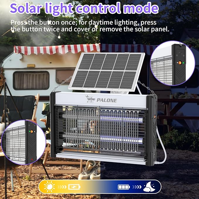 Solar Bug Zapper Outdoor, 4500V Mosquito Zapper with 10ft Cable, Rechargeable Electric Bug Zapper with 10W Solar Panel, Waterproof Fly Insect Mosquito Trap for Backyard, Patio, Garden, Balcony