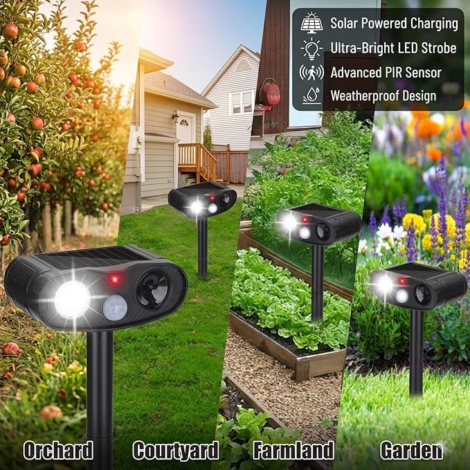 4Pack Sonic Fortress Pro Deer Repellent Devicess,Solar Animal Repeller | Ultrasonic Cat Repellent Outdoor with Motion Detection, Deer Repellent Devices with LED Flash Lights