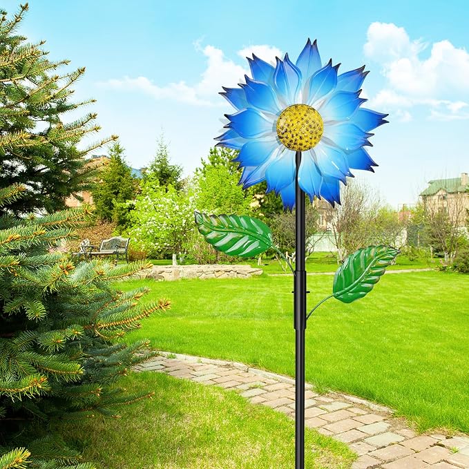 Blue Flower Metal Wind Spinner, 63.4" Kinetic Large Wind Sculptures with 5 Prong Anti-Tip Ground Stake, All Weather Kinetic Yard Art Decor for Lawn Garden Patio Outside Ornament