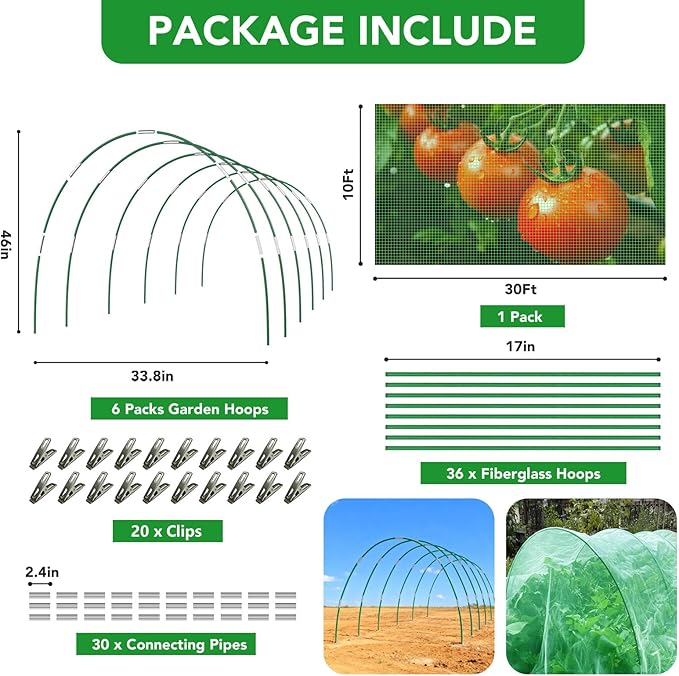 Garden Mesh Netting Kit for Raised Beds, 10x30FT Green Garden Netting ＆6 Sets Fiberglass Garden Hoops, Row Cover Garden Netting Pest Barrier Plant Protection for Vegetable Flowers Fruits