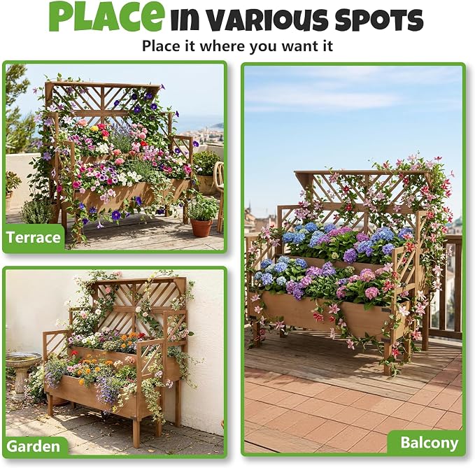Raised Garden Bed with Trellis & 2 Planter Boxes, Elevated Planter Box with Drainage Slits Liner & Top Shelf, for Climbing Plants, Flowers, Vegetables, Herbs, Backyard Balcony Patio