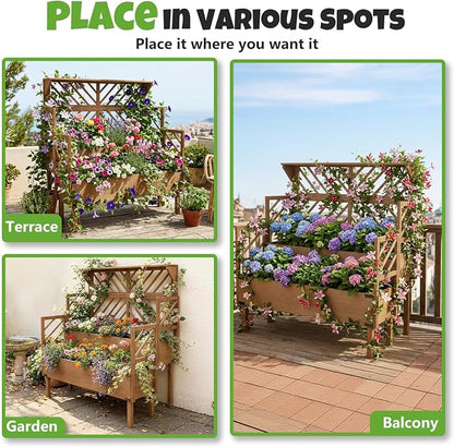 Raised Garden Bed with Trellis & 2 Planter Boxes, Elevated Planter Box with Drainage Slits Liner & Top Shelf, for Climbing Plants, Flowers, Vegetables, Herbs, Backyard Balcony Patio