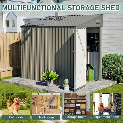 YOPTO 4x7 FT Outdoor Storage Shed,Metal Lean to Storage Shed with Reinforced Beams,All Weather Waterproof Garden Tool House W/Lockable Door & Reversible Installation,for Backyard,Patio,Lawn,Olive Gray