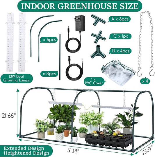 Meonum Mini Greenhouse with Grow Light, 51.18 "L x 25.59" W x 21.65" H Portable Greenhouses Waterproof UV-Resistant for Indoor/Outdoor Seed Starting(Dome Shape)