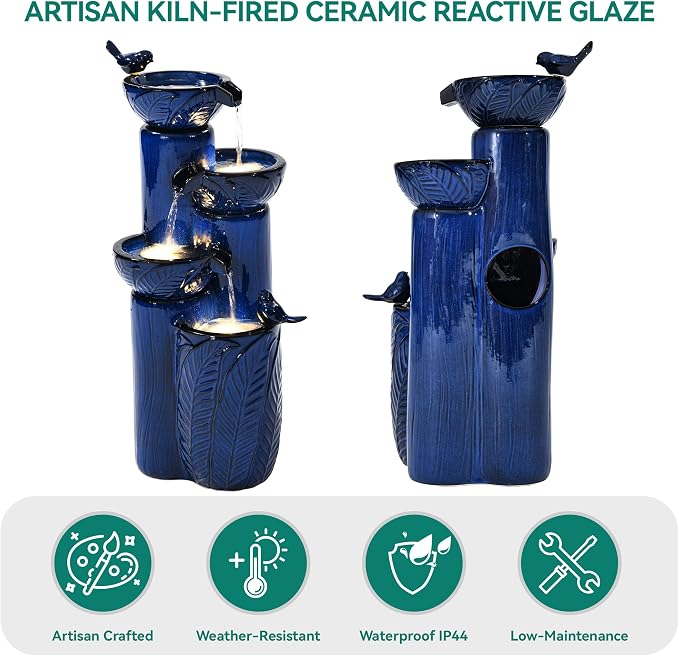 33" H Ceramic Outdoor Water Fountain with LED Lights, 4-Tier Bowl Water Feature with Birds, Cobalt Blue Glaze, Embossed Leaf Pattern, Cascading Waterfall for Tranquil Garden, Patio, or Porch