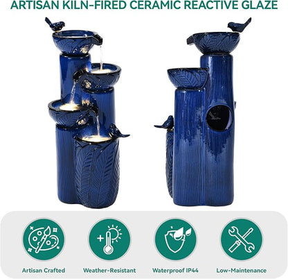33" H Ceramic Outdoor Water Fountain with LED Lights, 4-Tier Bowl Water Feature with Birds, Cobalt Blue Glaze, Embossed Leaf Pattern, Cascading Waterfall for Tranquil Garden, Patio, or Porch