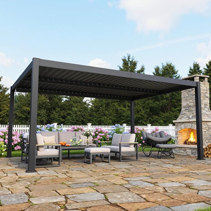 12' x 16' Louvered Pergola, Aluminum Frame Outdoor Pergola with Metal Adjustable Louvered Roof & Integrated Gutter System, Hardtop Patio Gazebo for Backyard, Patio, Garden, Dark Gray