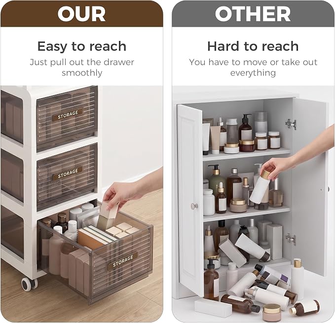 Bathroom Storage with Drawers, 9.8" Wide Wide Slim Storage Cabinet with Wheels for Small Spaces, Narraw Cart for Kitchen Office Bedroom Dinning Room Under Desk, 29.7" Tall