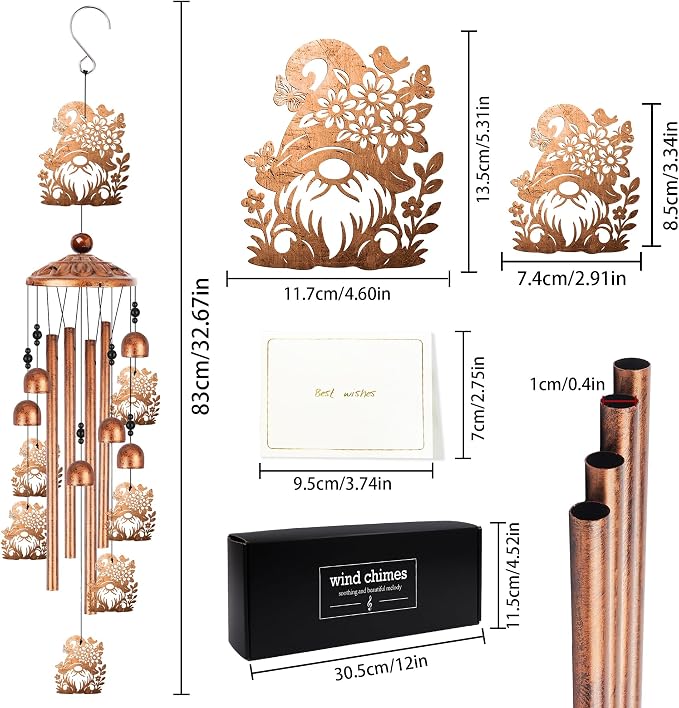 Gnome Wind Chimes for Outside, Garden Gnome Gifts for Women Men Metal Windchimes Outdoors, Floral Hat Design Home Garden Patio Yard Decor
