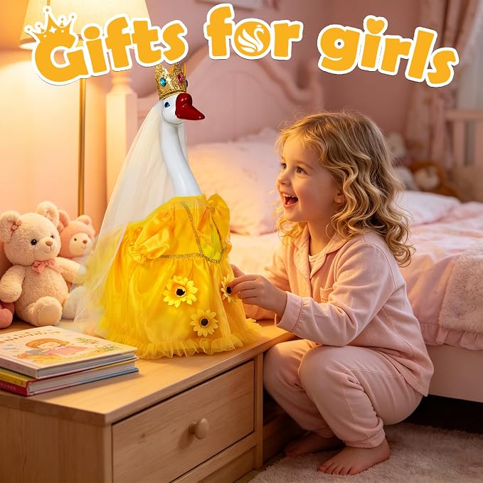 Porch Goose Statue with Princess Outfits - Cute Resin Goose Figurine with Yellow Princess Dress and Crown, Waterproof Weather Resistant Garden Decor for Patio Lawn Room, Gift for Women Goose Lovers
