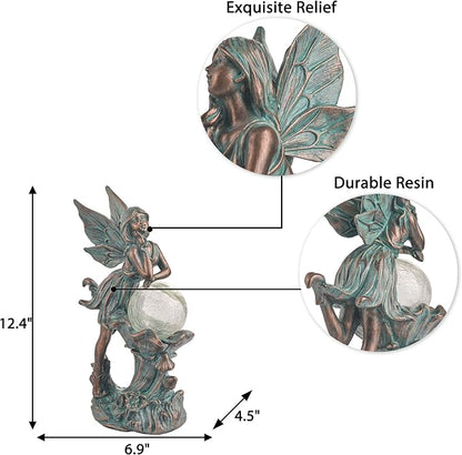 TERESA'S COLLECTIONS Fairy Garden Statues Outdoor Solar Light for Outdoor Decor, Patina Bronze Fairy Resin Garden Decor Sculptures with Crackle Glass, Lawn Ornaments Yard Decor Gifts for Mom, 12.4"