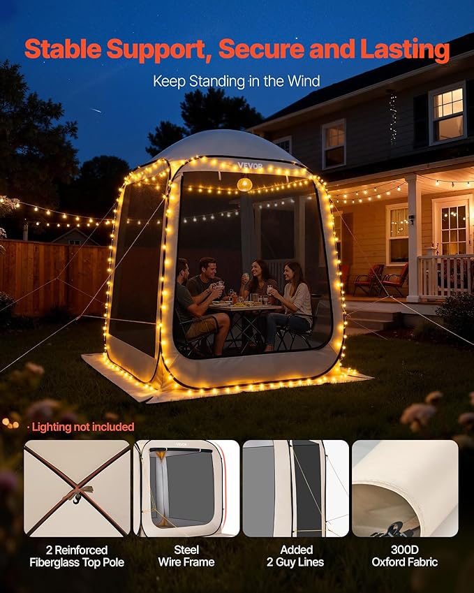 VEVOR Screen House Tent 6x6FT Pop-Up Screen Tent for 4–6 Person, Portable Screen Room Gazebo with Netting, Carry Bag & Ground Stakes, Instant Screen Canopy for Patio Backyard Garden Camping