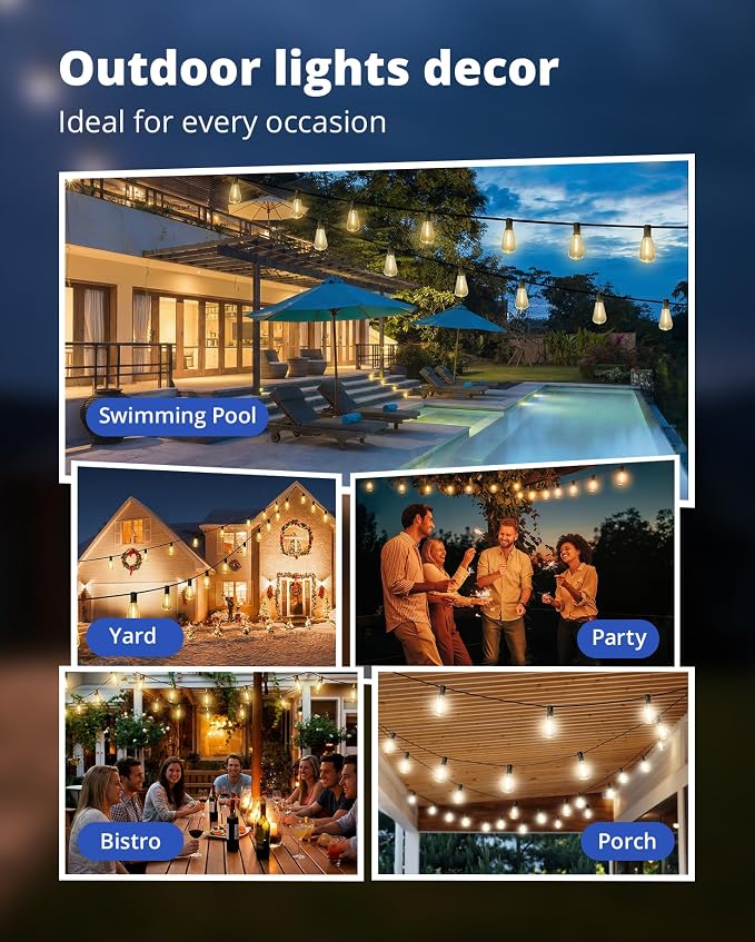 Outdoor String Lights 120FT, Outdoor Party Light with 58 Edison Lights Bulb | Patio Lights Outdoor Waterproof, LED Outside Hanging Light Connectable for Backyard, Porch, Garden, yard, Bistro, 2700K