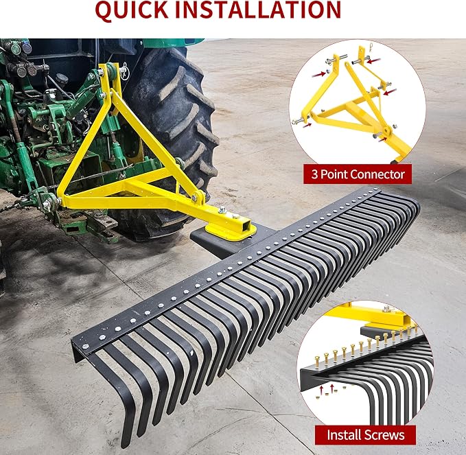 YITAMOTOR 3 Point Landscape Rock Rake for Category 1, 5 FT Attach Tractor Rake with 360 Degree Rotation, Tow-Behind Lawn Garden Tool Attachment for Compact Tractors | 5 FT Attach Tractor Rake with 360 Degree Rotation, Tow-Behind Lawn Garden Tool Attach...