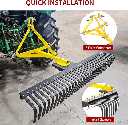 YITAMOTOR 3 Point Landscape Rock Rake for Category 1, 5 FT Attach Tractor Rake with 360 Degree Rotation, Tow-Behind Lawn Garden Tool Attachment for Compact Tractors | 5 FT Attach Tractor Rake with 360 Degree Rotation, Tow-Behind Lawn Garden Tool Attach...