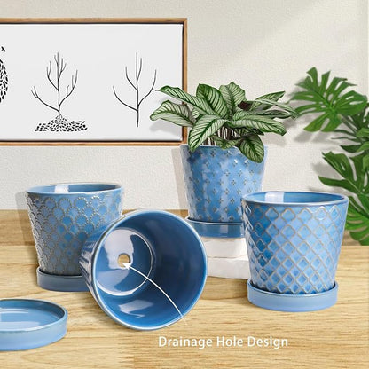 EFISPSS Plant Pots,5 Inch Pots for Indoor Plants,Planters with Drainage Hole and Saucer, Ceramic Flower Pots Desktop Office Windowsill Decoration Gift Set of 4 - Sky Blue