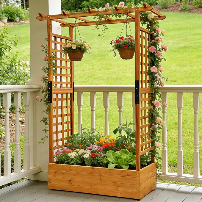 Raised Garden Bed with Wood Trellis Set of 2 Outdoor Planter Box for Tomatoes Climbing Vegetables Herbs Flowers Patio Pots Tall Hanging Roof 2 Drainage Holes Orange, 42.51" L x 17.32" W x 67" H