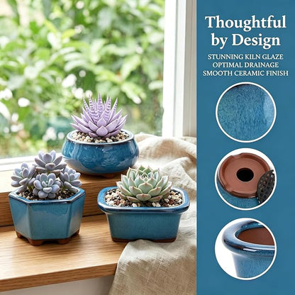 6 Pack Bonsai Pot Planter, 3" 4" Ceramic Glazed Succulent Pots | Small Succulent Planters with Drainage, for Indoor Outdoor Plants, Cactus, Flowers