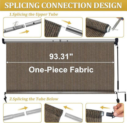 Shade&Beyond Outdoor Roller Shades with Splicing Design, 8' W x 8' H Cordless Patio Roll Up Blinds, Exterior Shade Cloth Roll for Porch, Gazebo, Pergola, Balcony, Mocha