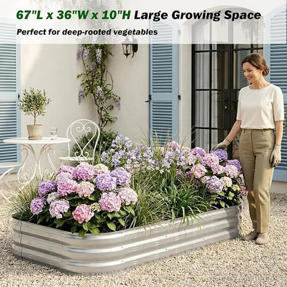 Galvanized Raised Garden Bed Kit with 4 Internal Braces, 67x36x10in Large Metal Planter Raised Beds Outdoor, 0.8mm Thick Steel Outdoor Galvanized Planter with Vents, Silver (2PCS)